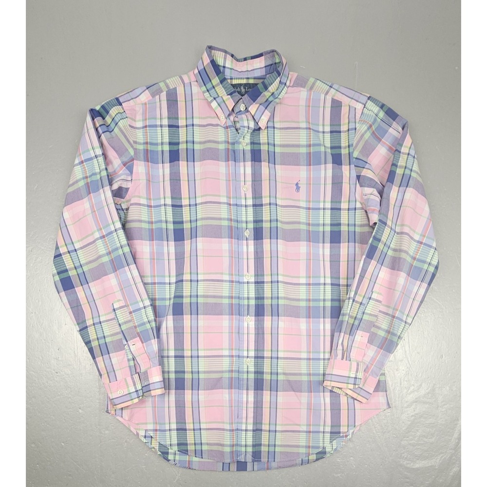 Ralph Lauren Long Sleeve Button Down Shirt Mens Large Pink Plaid Classic Fit Y2k